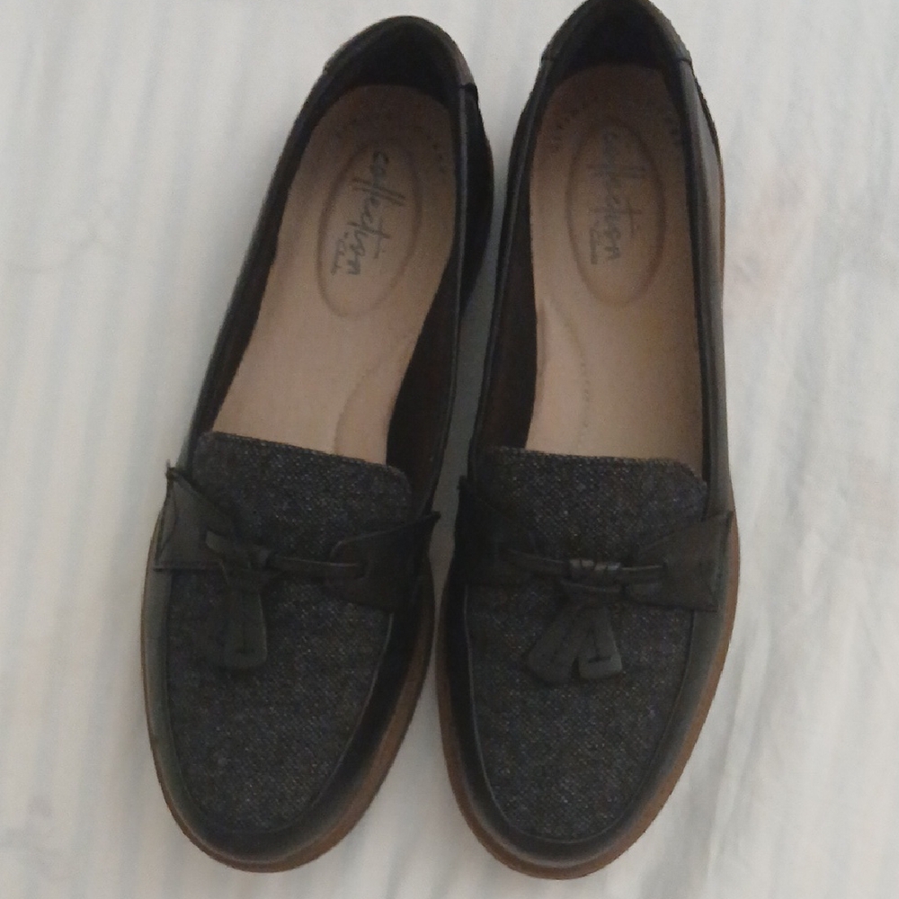 Clarks Black and Gray Loafers with Tassel